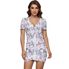 Cartoon Cat Cute Animal Design Drawing Illustration Kawaii Low Cut Cap Sleeve Mini Dress by Grandong