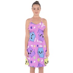 Seamless Pattern With Cute Kawaii Kittens Ruffle Detail Chiffon Dress by Grandong