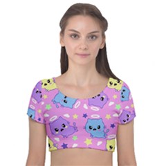 Seamless Pattern With Cute Kawaii Kittens Velvet Short Sleeve Crop Top  by Grandong