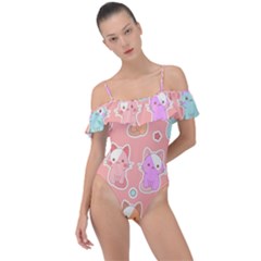 Cute Kawaii Kittens Seamless Pattern Frill Detail One Piece Swimsuit by Grandong