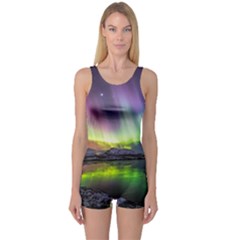 Aurora Borealis Polar Northern Lights Natural Phenomenon North Night Mountains One Piece Boyleg Swimsuit by Grandong