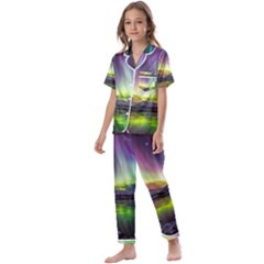 Aurora Borealis Polar Northern Lights Natural Phenomenon North Night Mountains Kids  Satin Short Sleeve Pajamas Set by Grandong