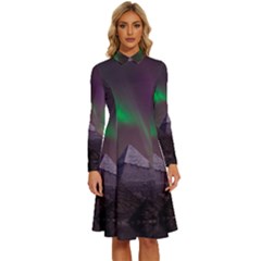 Aurora Stars Sky Mountains Snow Aurora Borealis Long Sleeve Shirt Collar A-line Dress by Grandong