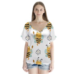 Art Bee Pattern Design Wallpaper Background V-neck Flutter Sleeve Top by Vaneshop