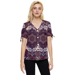 Rosette Kaleidoscope Mosaic Abstract Background Bow Sleeve Button Up Top by Vaneshop