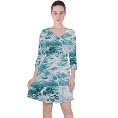 Blue Crashing Ocean Wave Quarter Sleeve Ruffle Waist Dress by Jack14