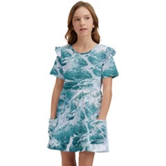 Blue Crashing Ocean Wave Kids  Frilly Sleeves Pocket Dress by Jack14