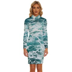 Blue Crashing Ocean Wave Long Sleeve Shirt Collar Bodycon Dress by Jack14