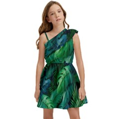 Tropical Green Leaves Background Kids  One Shoulder Party Dress by Amaryn4rt