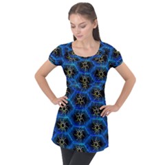 Blue Bee Hive Pattern Puff Sleeve Tunic Top by Amaryn4rt