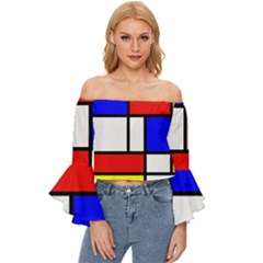 Mondrian-red-blue-yellow Off Shoulder Flutter Bell Sleeve Top by Amaryn4rt