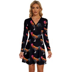 Background-pattern-chicken-fowl Long Sleeve Deep V Mini Dress  by Amaryn4rt