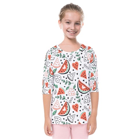 Seamless-vector-pattern-with-watermelons-mint Kids  Quarter Sleeve Raglan T-shirt by Amaryn4rt