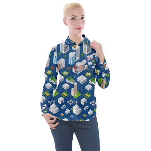 Isometric-seamless-pattern-megapolis Women s Long Sleeve Pocket Shirt by Amaryn4rt