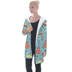 Seamless-pattern-musical-instruments-notes-headphones-player Longline Hooded Cardigan by Amaryn4rt