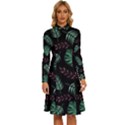 Tropical Leaves Pattern Long Sleeve Shirt Collar A-Line Dress View1