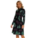 Tropical Leaves Pattern Long Sleeve Shirt Collar A-Line Dress View2