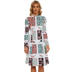 Mint Black Coral Heart Paisley Long Sleeve Shirt Collar A-line Dress by Pakjumat