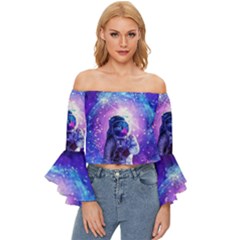 The Cosmonaut Galaxy Art Space Astronaut Off Shoulder Flutter Bell Sleeve Top by Pakjumat