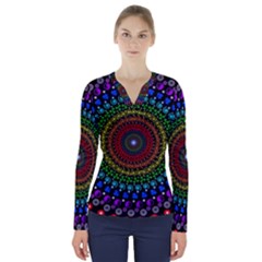 3d Psychedelic Shape Circle Dots Color V-neck Long Sleeve Top by Modalart