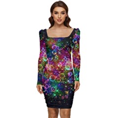 Psychedelic Bubbles Abstract Women Long Sleeve Ruched Stretch Jersey Dress by Modalart