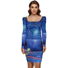 Psychedelic Mushrooms Psicodelia Dream Blue Women Long Sleeve Ruched Stretch Jersey Dress by Modalart