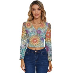 Psychedelic Flowers Yellow Abstract Psicodelia Long Sleeve V-neck Top by Modalart