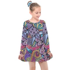 Psychedelic Flower Red Colors Yellow Abstract Psicodelia Kids  Long Sleeve Dress by Modalart