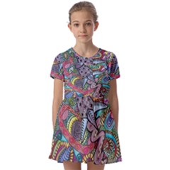 Psychedelic Flower Red Colors Yellow Abstract Psicodelia Kids  Short Sleeve Pinafore Style Dress by Modalart