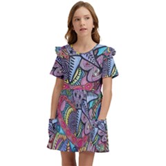 Psychedelic Flower Red Colors Yellow Abstract Psicodelia Kids  Frilly Sleeves Pocket Dress by Modalart