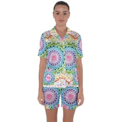 Mandala Pattern Rainbow Pride Satin Short Sleeve Pajamas Set by Vaneshop