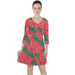 Texture Sweet Strawberry Dessert Food Summer Pattern Quarter Sleeve Ruffle Waist Dress by Sarkoni