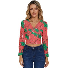 Texture Sweet Strawberry Dessert Food Summer Pattern Long Sleeve V-neck Top by Sarkoni