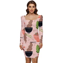 Doodle Yakisoba Seamless Pattern Women Long Sleeve Ruched Stretch Jersey Dress by Sarkoni