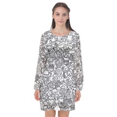 Food Doodle Pattern Long Sleeve Chiffon Shift Dress  by Sarkoni