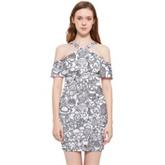 Food Doodle Pattern Shoulder Frill Bodycon Summer Dress by Sarkoni