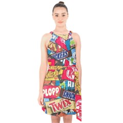 Pop Art Food Cute Patterns Halter Collar Waist Tie Chiffon Dress by Sarkoni