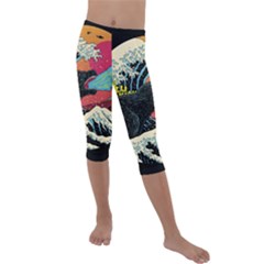 Retro Wave Kaiju Godzilla Japanese Pop Art Style Kids  Lightweight Velour Capri Leggings  by Modalart