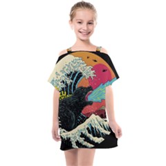 Retro Wave Kaiju Godzilla Japanese Pop Art Style Kids  One Piece Chiffon Dress by Modalart