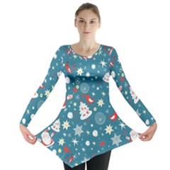 Christmas Pattern Santa Blue Long Sleeve Tunic  by Sarkoni