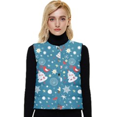 Christmas Pattern Santa Blue Women s Button Up Puffer Vest by Sarkoni