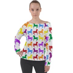 Colorful Horse Background Wallpaper Off Shoulder Long Sleeve Velour Top by Amaryn4rt