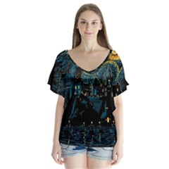 Castle Starry Night Van Gogh Parody V-neck Flutter Sleeve Top by Sarkoni