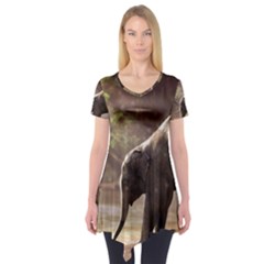 Baby Elephant Watering Hole Short Sleeve Tunic  by Sarkoni