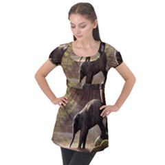 Baby Elephant Watering Hole Puff Sleeve Tunic Top by Sarkoni