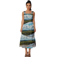 Mountains Trail Forest Yellowstone Square Neckline Tiered Midi Dress by Sarkoni