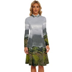 Residential Paddy Field Step Cloud Long Sleeve Shirt Collar A-line Dress by Sarkoni