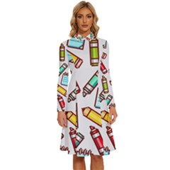 Seamless Pixel Art Pattern Long Sleeve Shirt Collar A-line Dress by Amaryn4rt