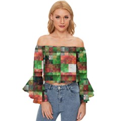 Paper Background Color Graphics Off Shoulder Flutter Bell Sleeve Top by Amaryn4rt