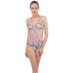 Cloves Flowers Pink Carnation Pink Halter Front Plunge Swimsuit by Amaryn4rt